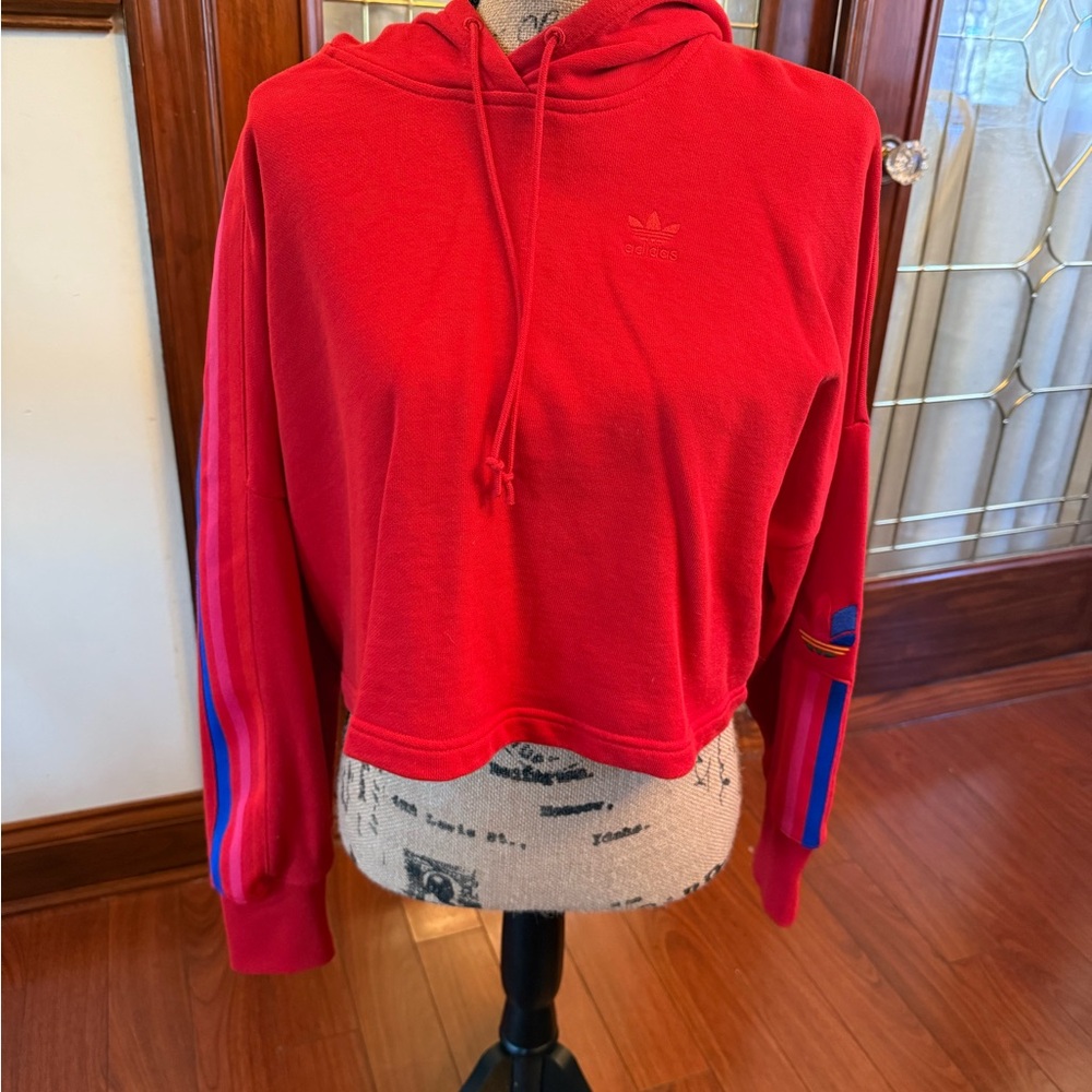 Adidas Red Hoodie with Blue Stripes
